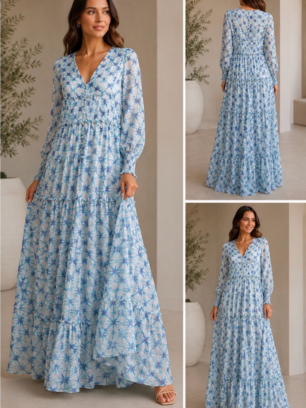 Rococo Sand Blue Tie-Dye Print Tiered Maxi Dress XS Boho Resort Glam